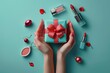 Womans hands holding present box with red bow. Generative AI