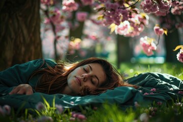 Canvas Print - a woman laying in the grass with her eyes closed