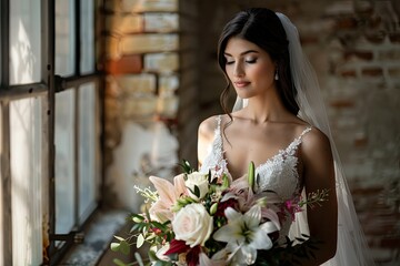 Wall Mural - a woman in a wedding dress holding a bouquet of flowers