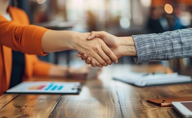 Two female executives shaking hands after negotiating a successful contract, with digital tablets and documents on their desk.