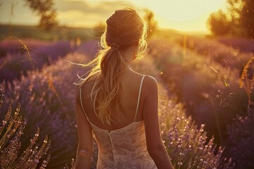 Sticker - a woman walking through a field of lavender flowers