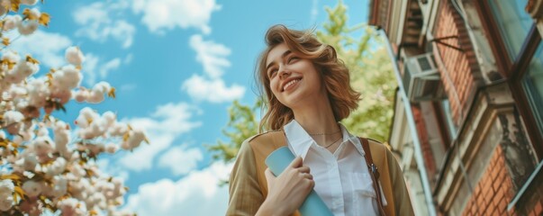 Wall Mural - Beautiful young female student holding colored papers in her hands, walking down the street and smiling.