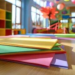 Wall Mural - Colored papers on the table in the kindergarten.