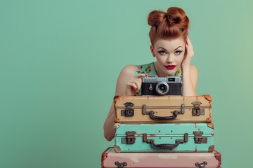 Retro woman holding a vintage camera on stacked suitcases.  Summer vacation and travel concept. Vintage style, pinup girl. Design for banner, poster, magazine with copy space