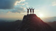 Silhouette of a group of people standing on the top of a mountain and raising their hands. AI.