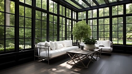 Wall Mural - Sunroom with black window frames and polished ebony wood floors.