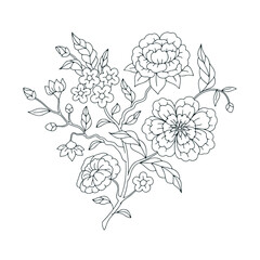Sticker - Monochrome floral chinoiserie motifs isolated on white background. Abstract hand drawn botanical print.