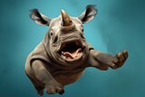 Fototapeta  - Happy rhinoceros jumping and having fun.