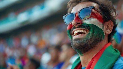 Happy football fan wearing sunglasses with Hungary flag on his face smiles at stadium. Concept of 2024 UEFA European Football Championship