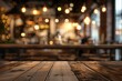 an empty table - the background of a blurred cafe, golden bokeh lights