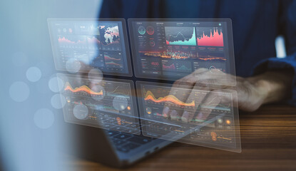 Wall Mural - businessman using computer for data analysis management on visual screen technology. data analysis m