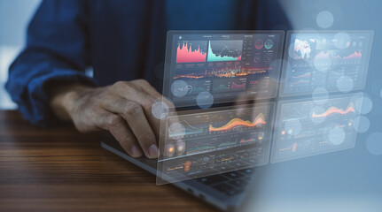 Wall Mural - businessman using computer for data analysis management on visual screen technology. data analysis m