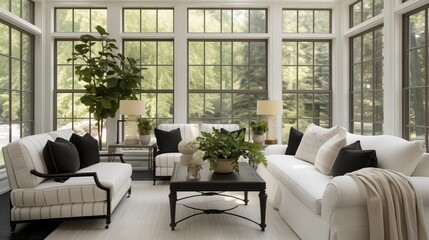 Wall Mural - Sunroom with bright whites and ivories plus matte black metal accents.