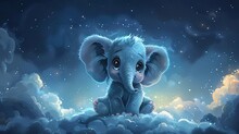 A Cute Little Baby Elephant Happily Sits On A Soft Fluffy Cloud, Showing A Sense Of Wonder. Funny And Kind Animals