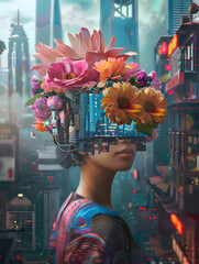 A woman with a pink flower arrangement on her head stands in the city with electric blue and magenta artificial flowers. A vibrant street event with petals scattered around