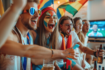 Happy friends, fans of different countries cheering for their football teams during the World Cup, holding flags and a ball in their living room at home