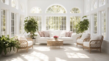 Wall Mural - Sunroom with crisp white walls reflecting plenty of natural light.