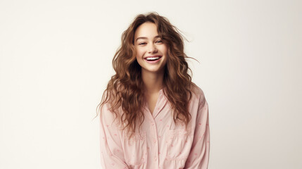 Wall Mural - Smiling girl in pink pajamas on a white background.