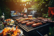 Meat and vegetables on a barbecue grill in the sunshine in the backyard of a house.