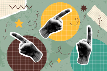 Wall Mural - Card in vintage new nostalgia collage style. Paper halftone hands with pointing finger. Retro vector pop art design.