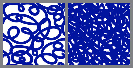 Seamless pattern set with abstract free curlicue lines in blue pen colors. Bold wavy handwriting Lines. Abstract Squiggle print. Naive playful background. Doodle drawing, Vector illustration.