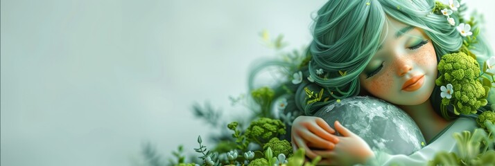 Wall Mural - 3D illustration of Cute Girl with Green Hair Hugging or Embracing Earth with Copysace, Earth Day, World Environment Day, Save World, Natural Conservation