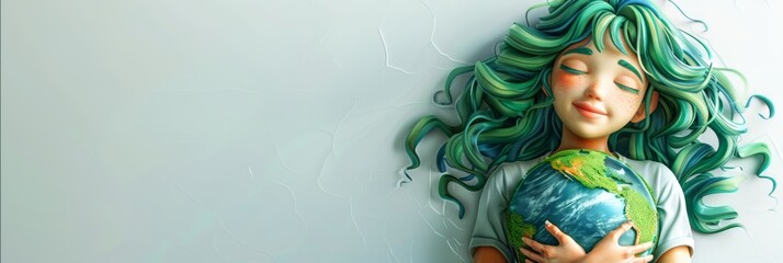 Wall Mural - 3D illustration of Cute Girl with Green Hair Hugging or Embracing Earth with Copysace, Earth Day, World Environment Day, Save World, Natural Conservation