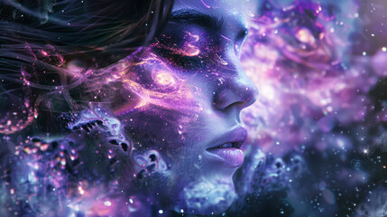 Wall Mural - The face of a dreamy girl in purple colors, dream and meditation concept