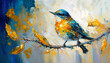 A watercolor painting of a bird on branch, A bird perched on a branch in a vibrant painting

