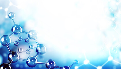 Wall Mural - horizontal banner with model of abstract molecular structure. background of blue color with glass at