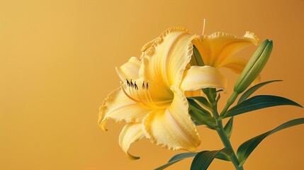 Wall Mural - A close-up of a daylily, with its large yellow petals and green leaves, against a solid yellow background.