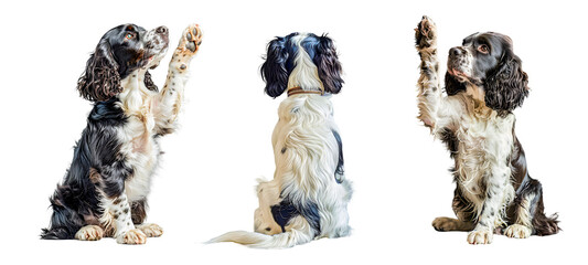 Wall Mural - Isolated spaniel dogs high five and behind view on white