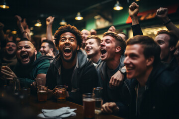 Group of Football Fans Watching a Live Match Broadcast in a Sports Pub on TV. People Cheering, Supporting Their Team