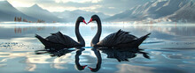 Two black swans on the lake. Selective focus.