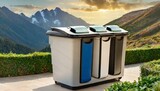 Fototapeta  - garbage bin in the park.a high-capacity Eko dust bin with a dual-compartment design for sorting recyclables and general waste. The composition should feature separate color-coded compartments with rem