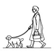 © Sone - continuous single black linear line sketch drawing person walking with puppy dog doodle vector illustration on white