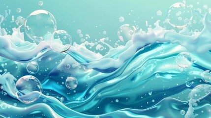 Wall Mural - Waves and swirls of liquid underwater with bubbles. Vortex with washing machine detergent or soap foam balls spinning in the air. Realistic modern set of underwater spinning whirlwinds with shampoo