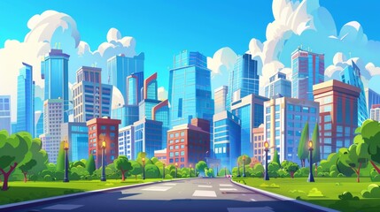 Wall Mural - An illustration of a city with high-rise office buildings and housing, and a blue sky and white clouds. Modern cartoon illustration of a city with modern skyscrapers and a highway perspective.