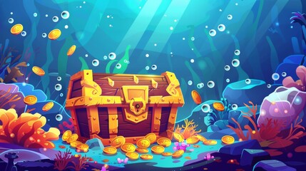 Wall Mural - Cartoon illustration of old wooden chest with golden coins on sea bottom. Seaweed, pearl shells, coral reef, air bubbles under water, background of an adventure game.