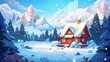 Snowy winter landscape with wooden house in forest near mountains. Snow covered cottage made of wood. Modern illustration of a natural landscape for camping and outdoor vacations.