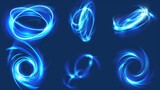 Fototapeta  - Waved neon lights with swoosh effects. Realistic modern illustration set of glowing swirl lines. Flare circular and vortex spins. Abstract 3D glow twirling trail.