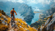 Cyclist on a challenging mountain trail, determination, natures grandeur