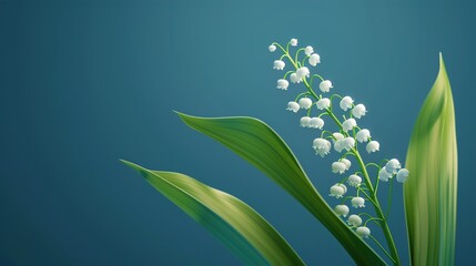 Wall Mural - A close-up of a lily of the valley, with its delicate white petals and green leaves, against a solid blue background.