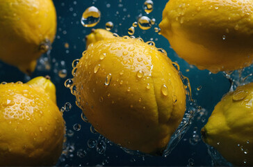 Colorful yellow lemon falling into water