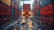 Rare view of a vibrant red freight truck speeding through an industrial container terminal, symbolizing efficient cargo delivery.