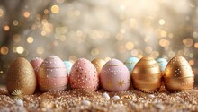 Colorful Easter Eggs On Golden Background With Bokeh Effect