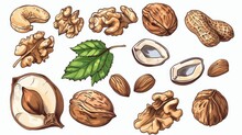 Nuts plants with fruits on branches. Raw walnut, hazelnut, almond, peanut, cashew, and macadamia kernels on a white background with cracked shells. Hand-drawn modern illustration.