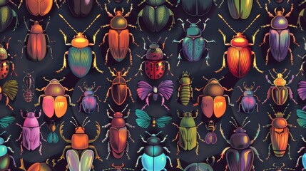 Poster - An endless background with repeating pattern of beetles. Colored flat modern illustration. Suitable for textile, fabric, wrapping, or wallpaper. Beetles, seamless pattern design.