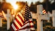 Memorial Day Tribute with American Flag and White Crosses