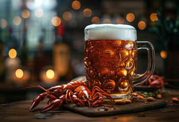 Wall Mural - Crawfish and mug of beer on wooden table